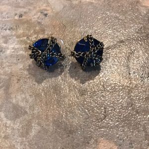 Blue and gold knot chain earrings